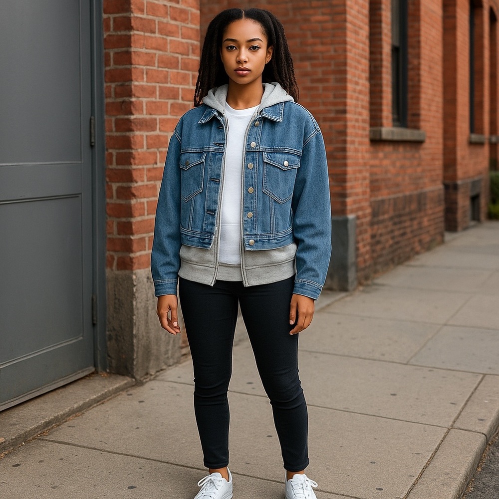 Fashion Nova Double Layer Blue Grey Hooded Sweatshirt & Denim Jean Jacket
